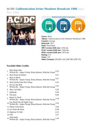 AC/DC Californication Irvine Meadows Broadcast 1986 Mp3, Flac, Wma