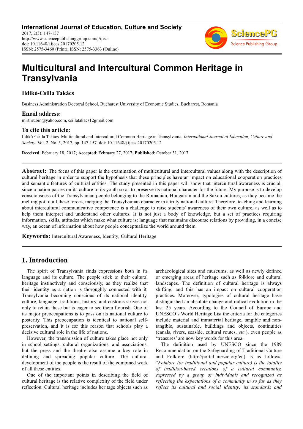 Multicultural and Intercultural Common Heritage in Transylvania