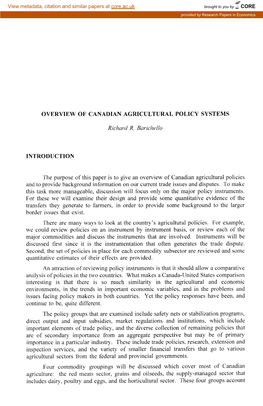 Overview of Canadian Agricultural Policy Systems