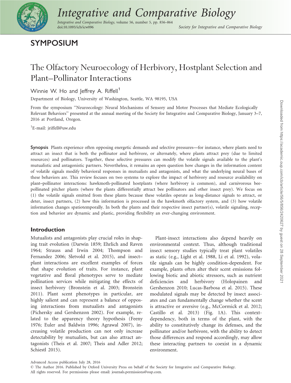 The Olfactory Neuroecology of Herbivory, Hostplant Selection and Plant–Pollinator Interactions Winnie W