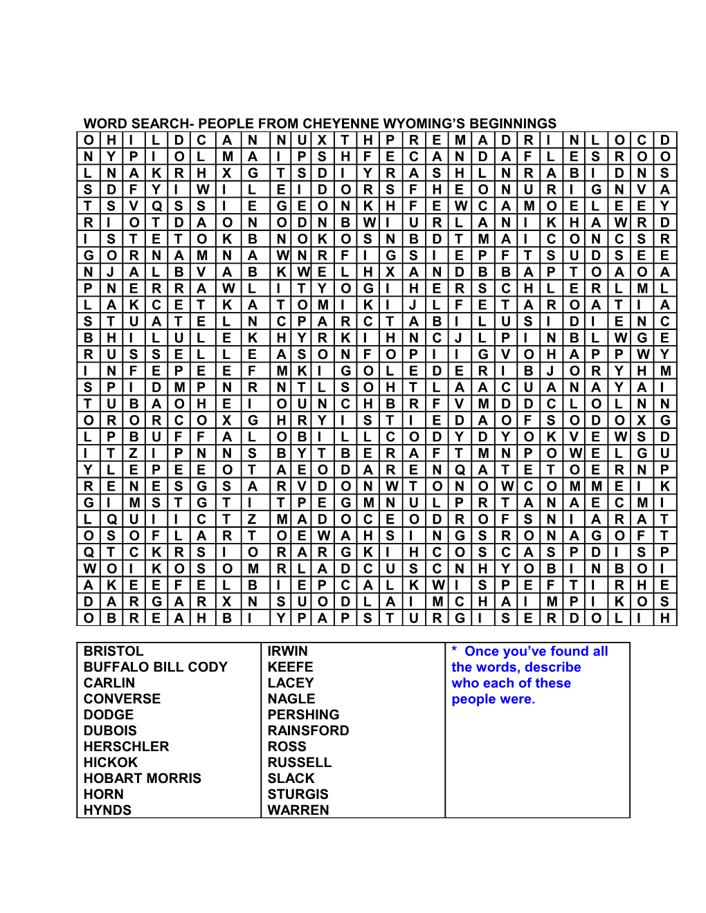 Word Search- People from Cheyenne Wyoming S Beginnings