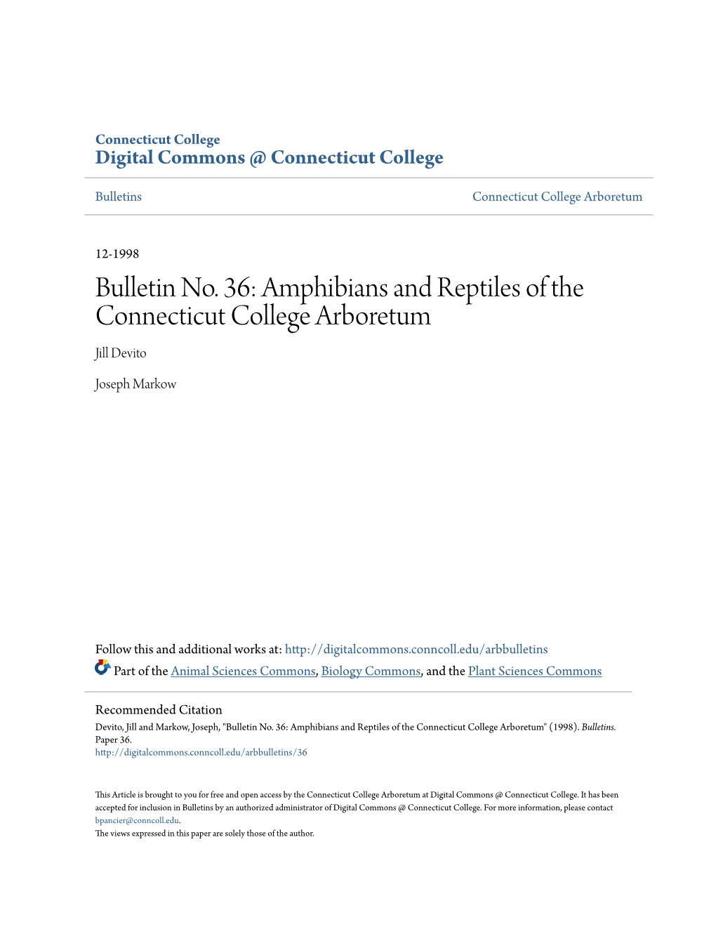 Bulletin No. 36: Amphibians and Reptiles of the Connecticut College Arboretum Jill Devito