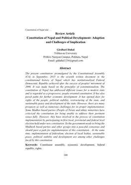Review Article Constitution of Nepal and Political Development: Adaption and Challenges of Implication