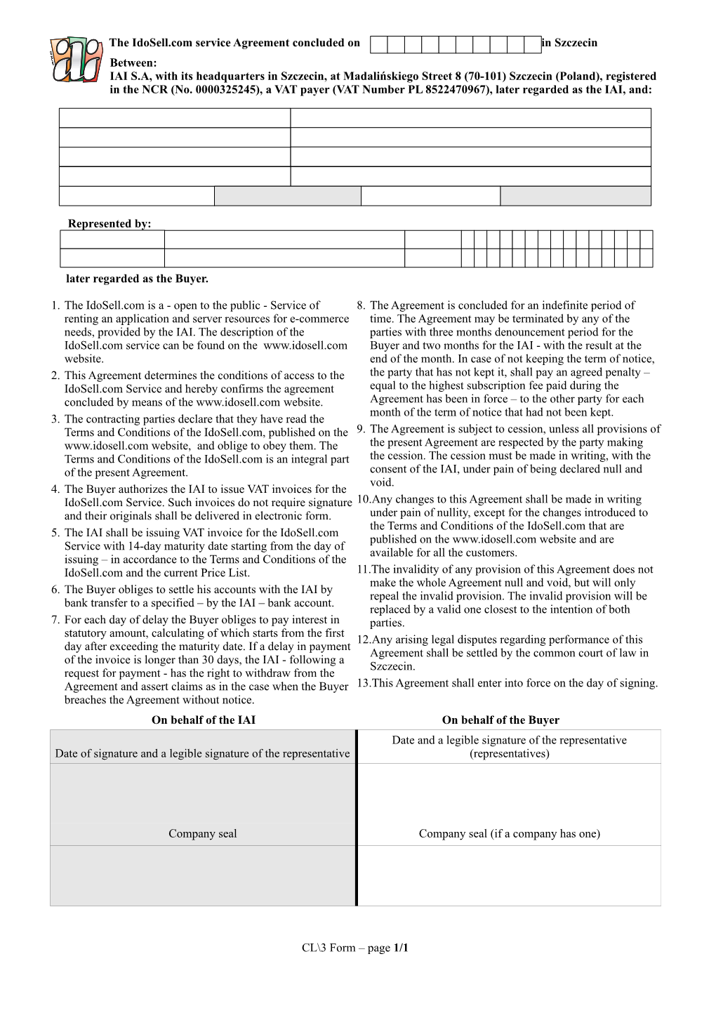 Form Confirming Signing an Agreement for the Idosell.Com Service