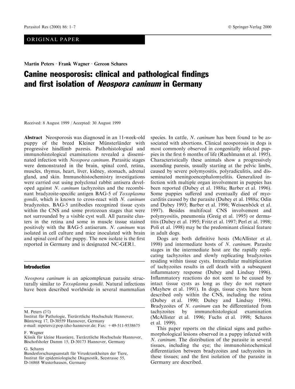 Canine Neosporosis: Clinical and Pathological ®Ndings and ®Rst Isolation of Neospora Caninum in Germany