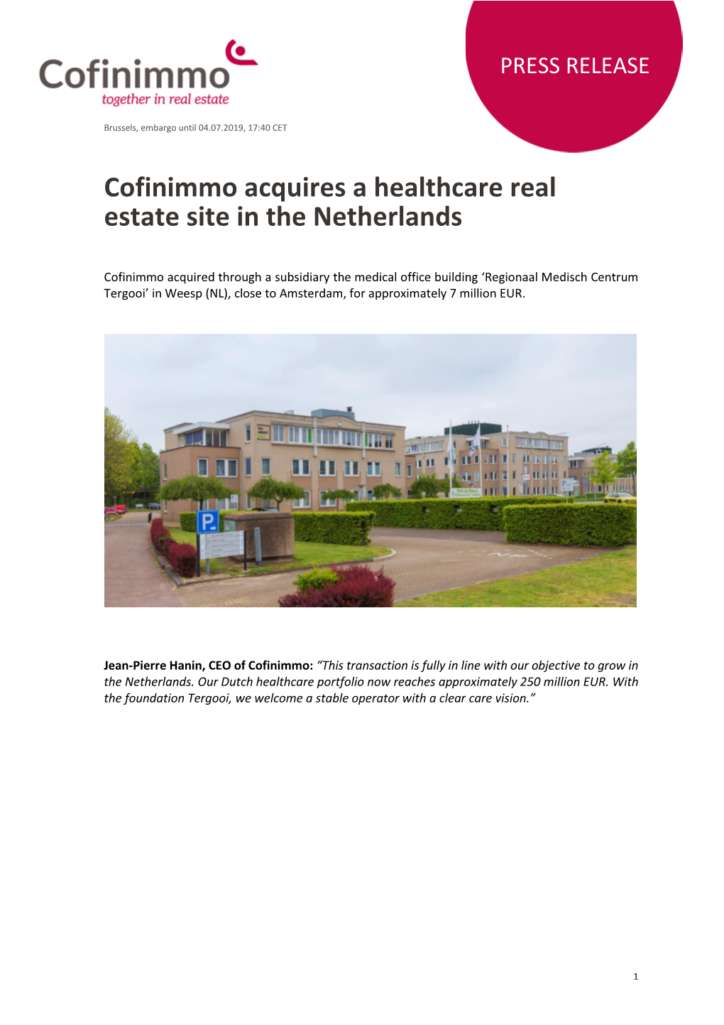 Cofinimmo Acquires a Healthcare Real Estate Site in the Netherlands