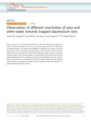 Observation of Different Reactivities of Para and Ortho-Water Towards Trapped Diazenylium Ions