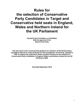 Rules for the Selection of Conservative Party Candidates in Target and Conservative Held Seats in England, Wales and Northern Ireland for the UK Parliament