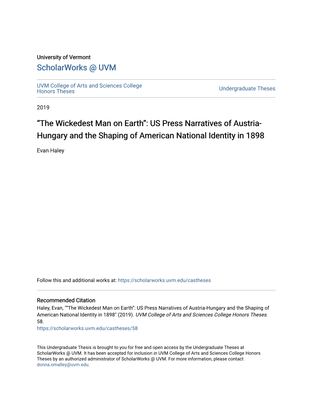 “The Wickedest Man on Earth”: US Press Narratives of Austria-Hungary and the Shaping of American National Identity in 1898" (2019)