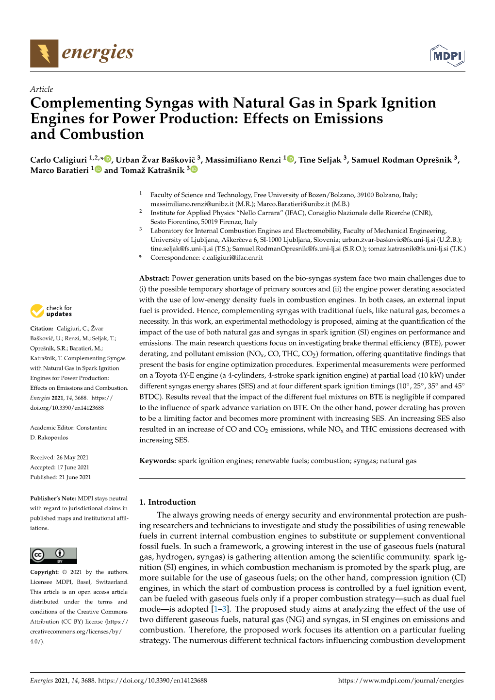 Complementing Syngas with Natural Gas in Spark Ignition Engines for Power Production: Effects on Emissions and Combustion