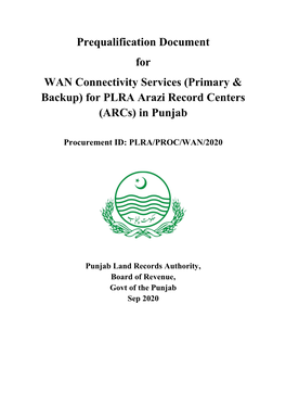 Prequalification Document for WAN Connectivity Services (Primary & Backup) for PLRA Arazi Record Centers (Arcs) in Punjab