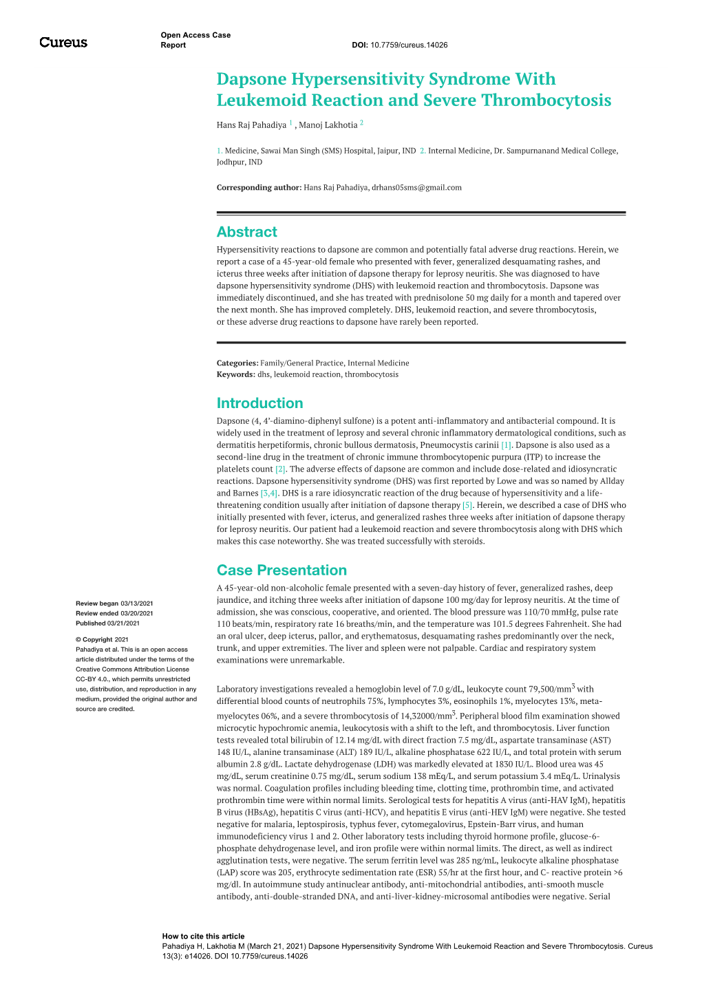 Dapsone Hypersensitivity Syndrome with Leukemoid Reaction and Severe Thrombocytosis