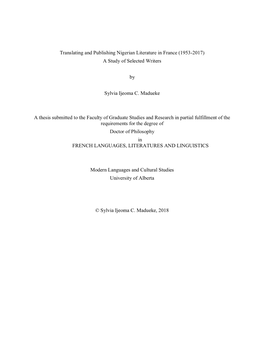 Translating and Publishing Nigerian Literature in France (1953-2017) a Study of Selected Writers