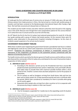 COVID-19 RESPONSE and COUNTER MEASURES in SRI LANKA (Tentative As of 24 April 2020)