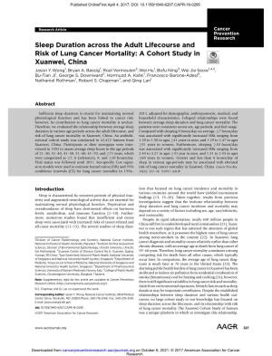 Sleep Duration Across the Adult Lifecourse and Risk of Lung Cancer Mortality: a Cohort Study in Xuanwei, China Jason Y.Wong1, Bryan A