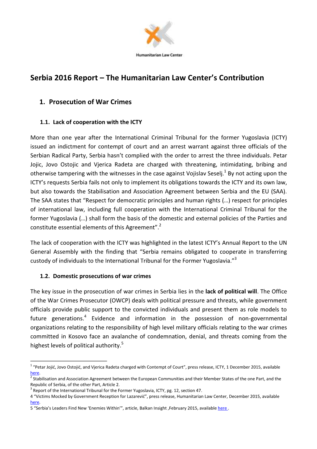 Serbia 2016 Report – the Humanitarian Law Center's Contribution