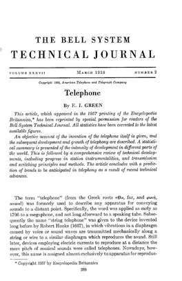 THE BELL SYSTEM TECHNICAL JOURNAL Volume Xxxvii March