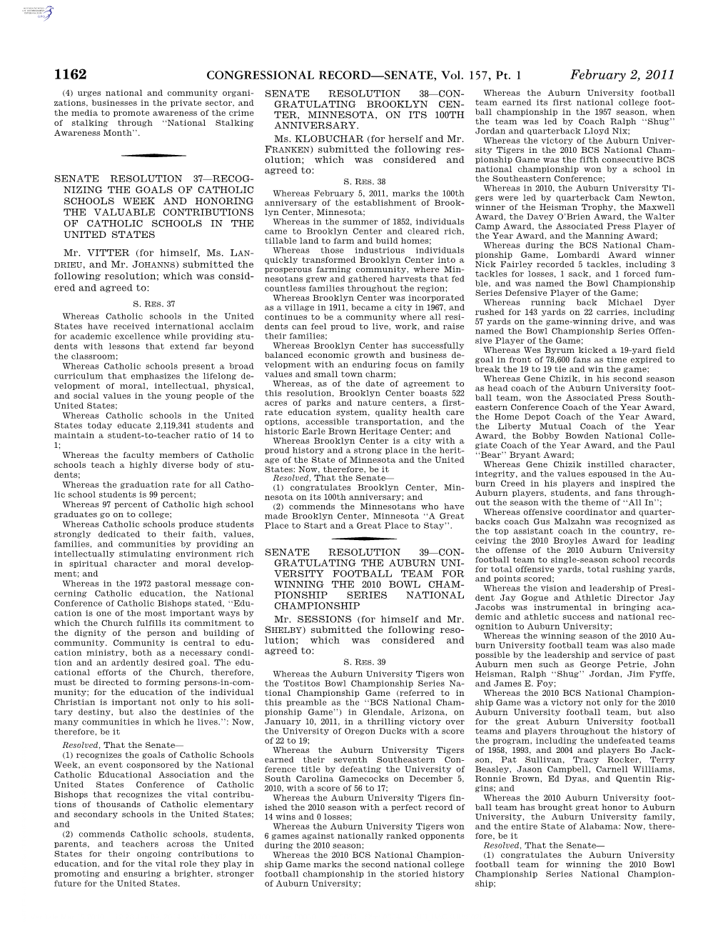 CONGRESSIONAL RECORD—SENATE, Vol. 157, Pt. 1