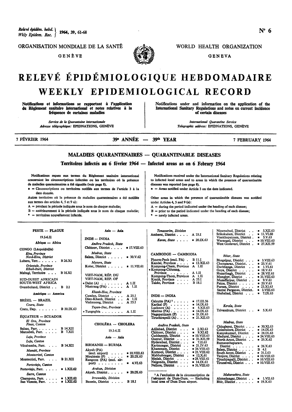 Relevé Épidémiologique Hebdomadaire Weekly Epidemiological Record