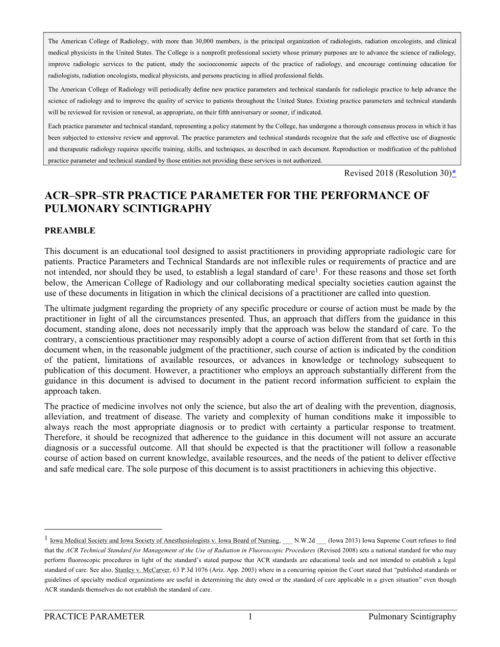 Acr–Spr–Str Practice Parameter for the Performance of Pulmonary Scintigraphy