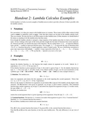 Handout 2: Lambda Calculus Examples