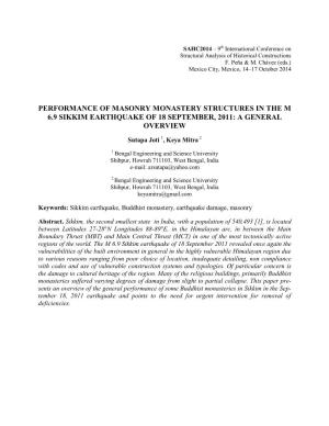 Performance of Masonry Monastery Structures in the M 6.9 Sikkim Earthquake of 18 September, 2011: a General Overview