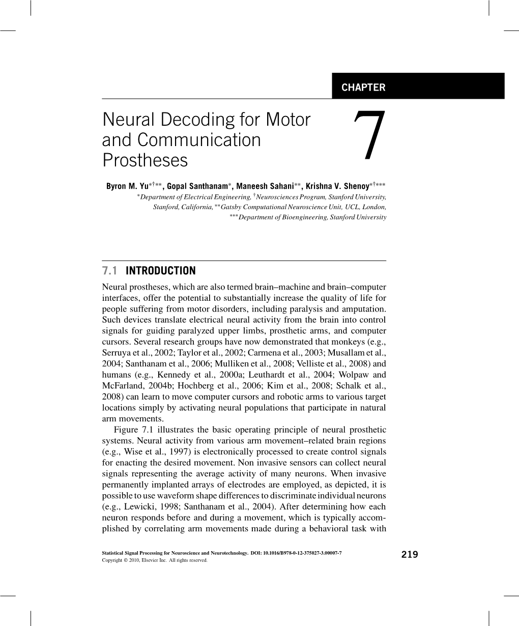 Neural Decoding for Motor and Communication Prostheses 7