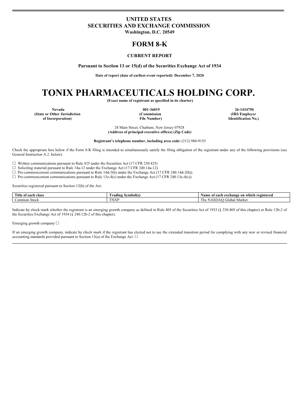 TONIX PHARMACEUTICALS HOLDING CORP. (Exact Name of Registrant As Specified in Its Charter)
