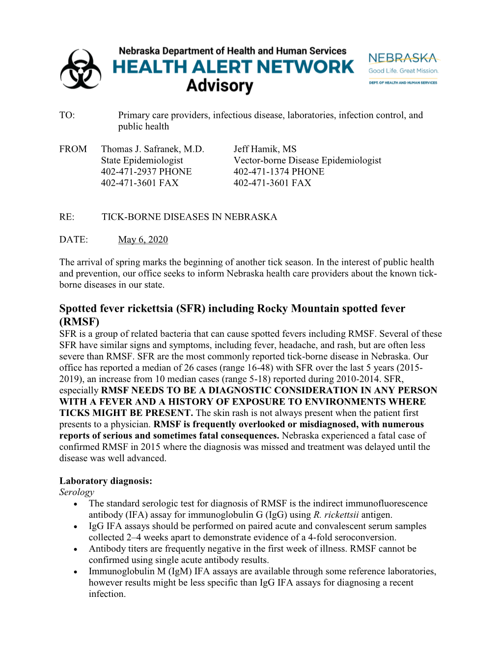 Health Alert Network Advisory: Tick-Borne Diseases in Nebraska