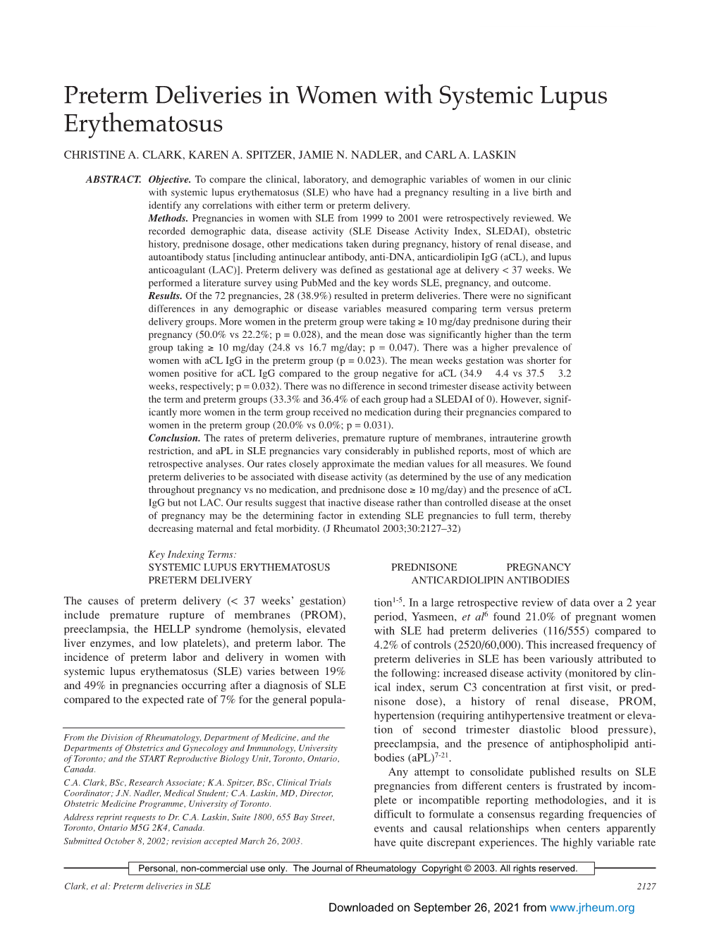 Preterm Deliveries in Women with Systemic Lupus Erythematosus CHRISTINE A