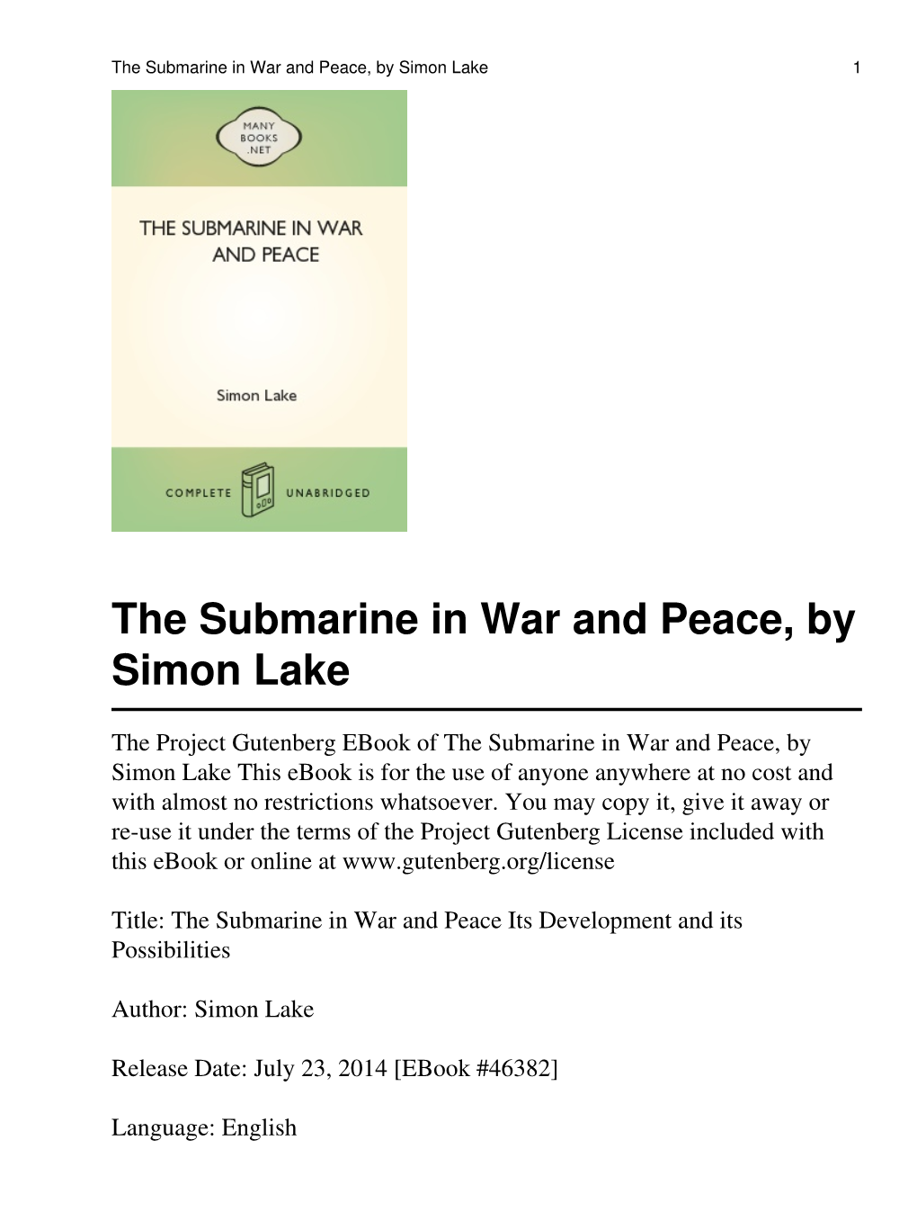 The Submarine in War and Peace, by Simon Lake 1