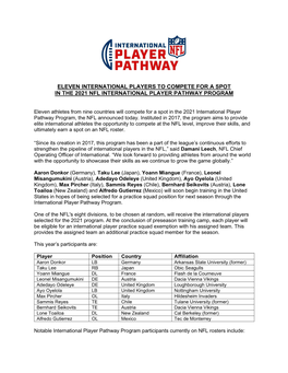 Eleven International Players to Compete for a Spot in the 2021 Nfl International Player Pathway Program