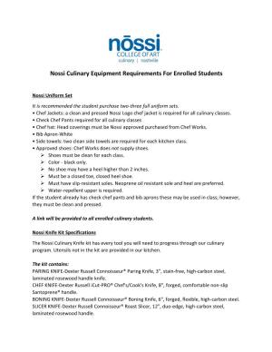 Nossi Culinary Equipment Requirements for Enrolled Students