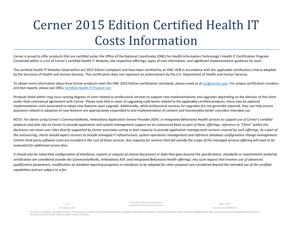 Cerner 2015 Edition Certified Health IT Costs Information