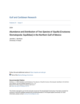 Abundance and Distribution of Two Species of Squilla (Crustacea: Stomatopoda: Squillidae) in the Northern Gulf of Mexico