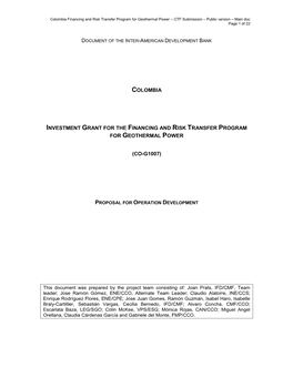 Colombia Investment Grant for the Financing and Risk Transfer Program for Geothermal Power (Co-G1007)