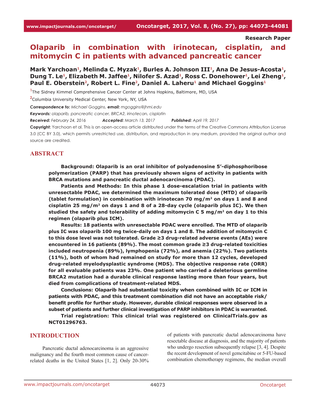 Olaparib in Combination with Irinotecan, Cisplatin, and Mitomycin C in Patients with Advanced Pancreatic Cancer