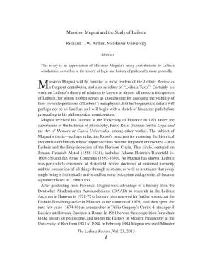 Massimo Mugnai and the Study of Leibniz Richard T. W. Arthur