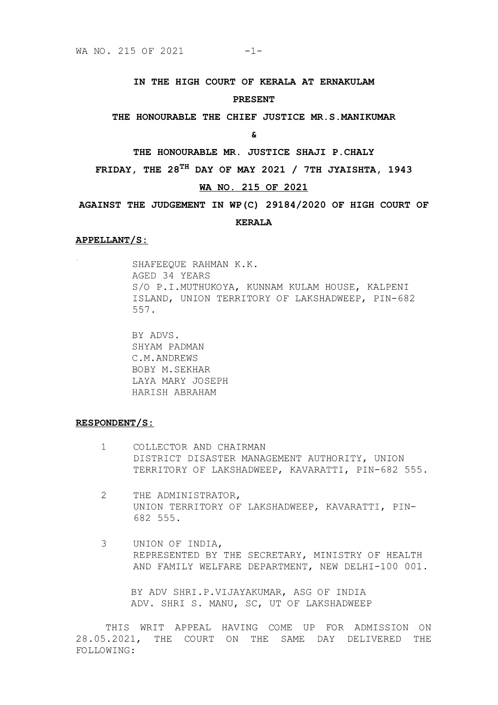 Wa No. 215 of 2021 -1- in the High Court of Kerala At