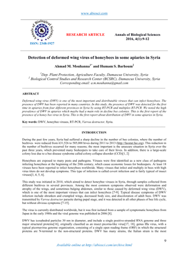 Detection of Deformed Wing Virus of Honeybees in Some Apiaries in Syria