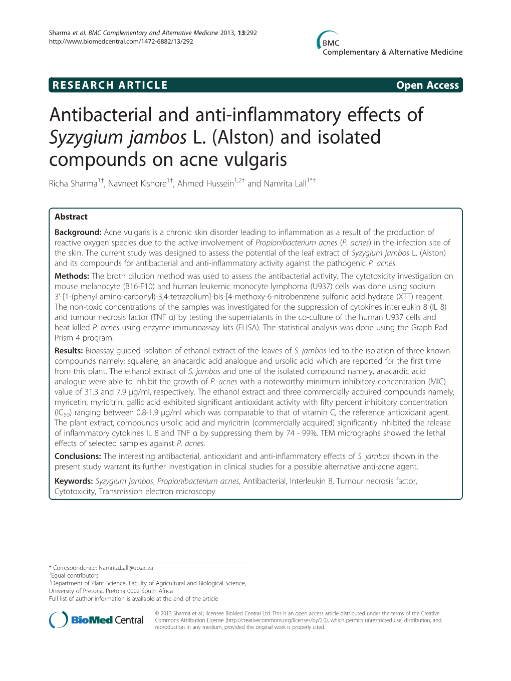 Antibacterial and Anti-Inflammatory Effects of Syzygium Jambos L