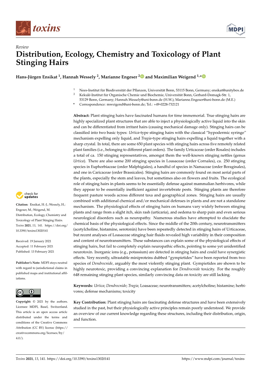 Distribution, Ecology, Chemistry and Toxicology of Plant Stinging Hairs