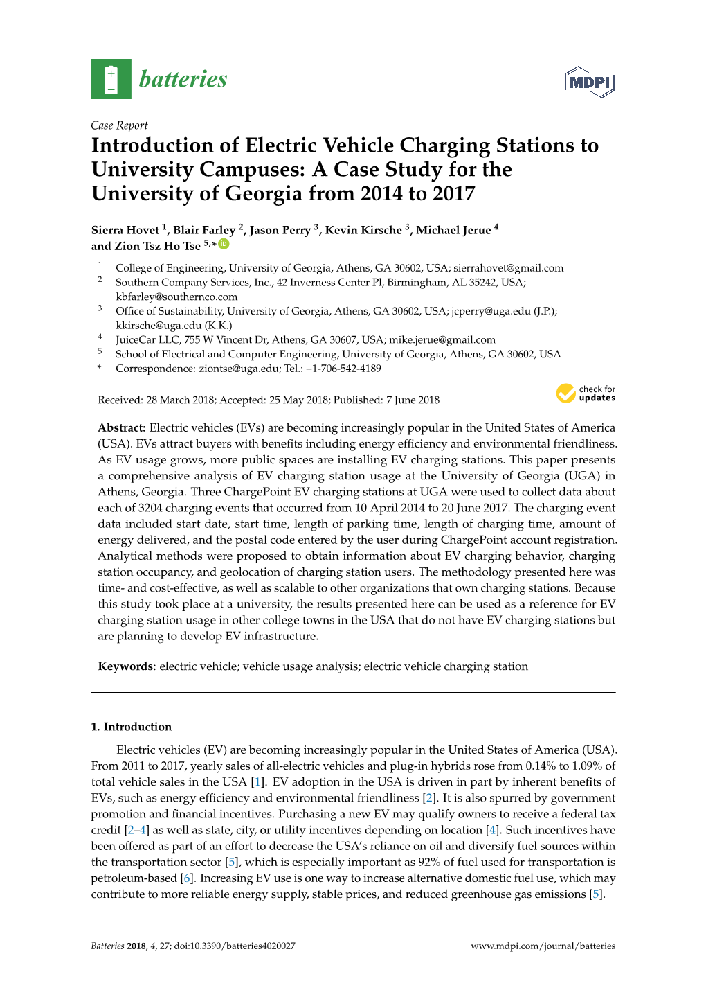 Introduction of Electric Vehicle Charging Stations to University Campuses: a Case Study for the University of Georgia from 2014 to 2017