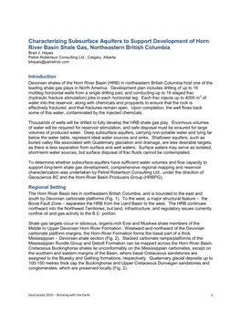 Characterizing Subsurface Aquifers to Support Development of Horn River Basin Shale Gas, Northeastern British Columbia Brad J