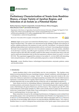 Preliminary Characterization of Yeasts from Bombino Bianco, a Grape Variety of Apulian Region, and Selection of an Isolate As a Potential Starter