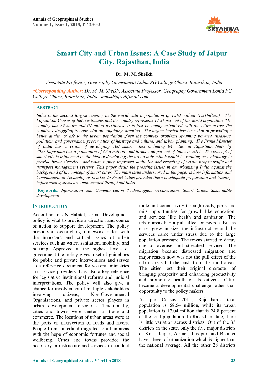 Smart City and Urban Issues: a Case Study of Jaipur City, Rajasthan, India