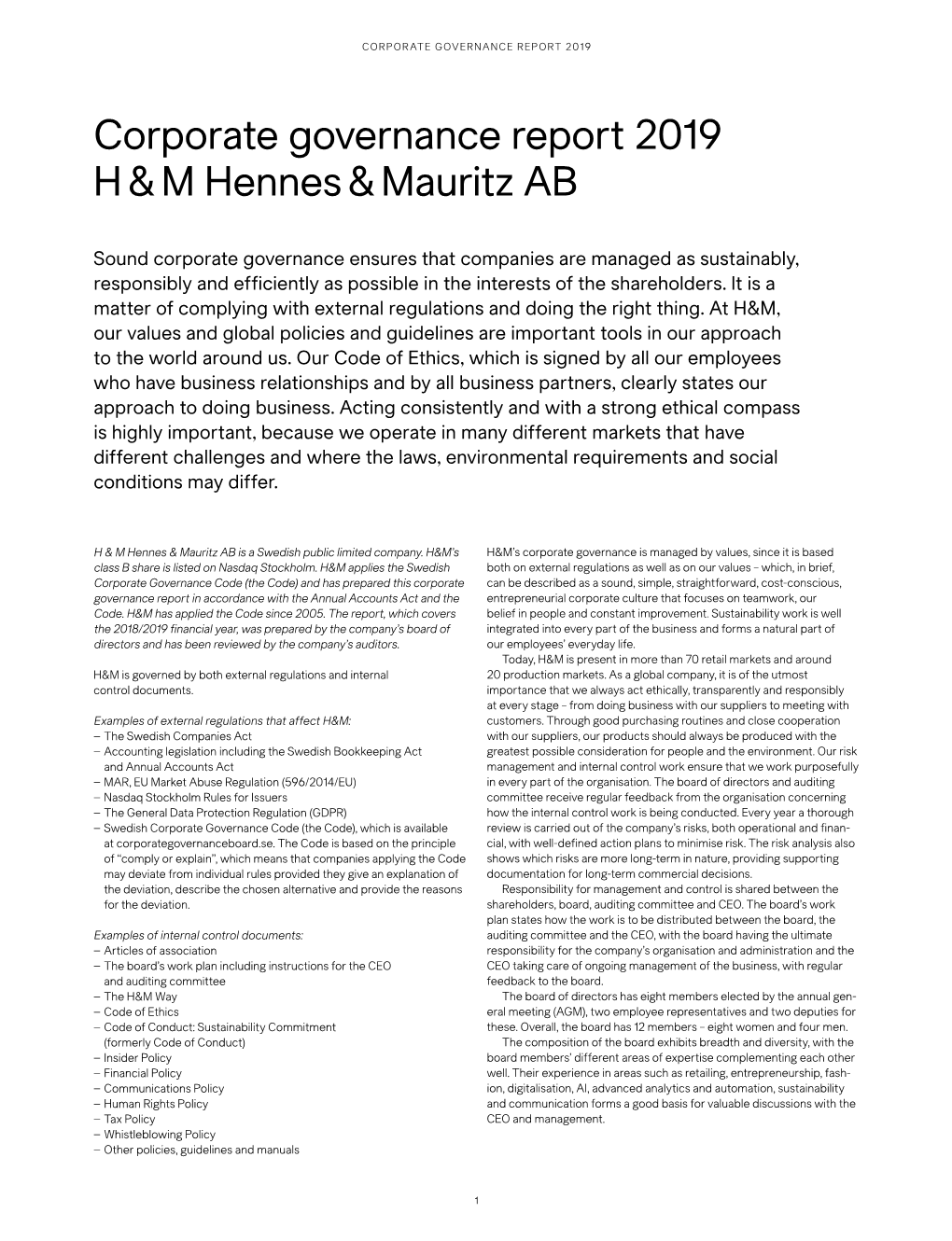 Corporate Governance Report 2019 H & M Hennes & Mauritz AB