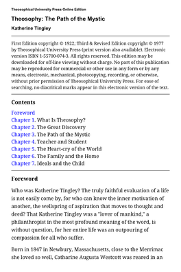 Theosophy: the Path of the Mystic Katherine Tingley