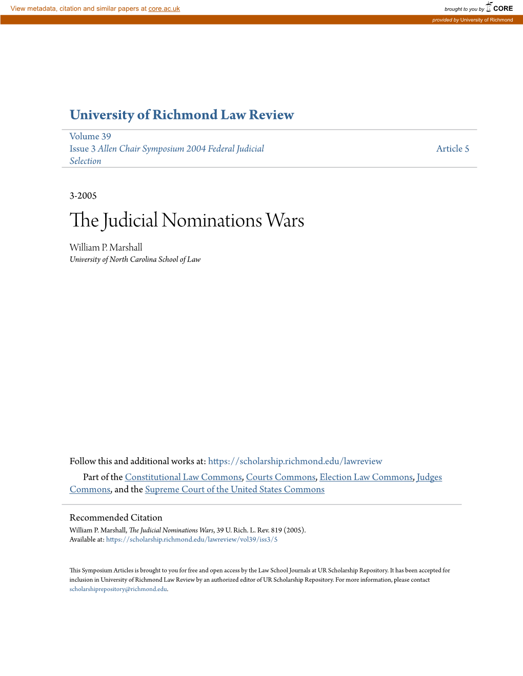 The Judicial Nominations Wars, 39 U