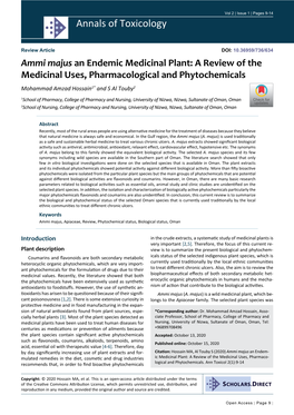 Ammi Majus an Endemic Medicinal Plant: a Review of the Medicinal Uses, Pharmacological and Phytochemicals Mohammad Amzad Hossain1* and S Al Touby2